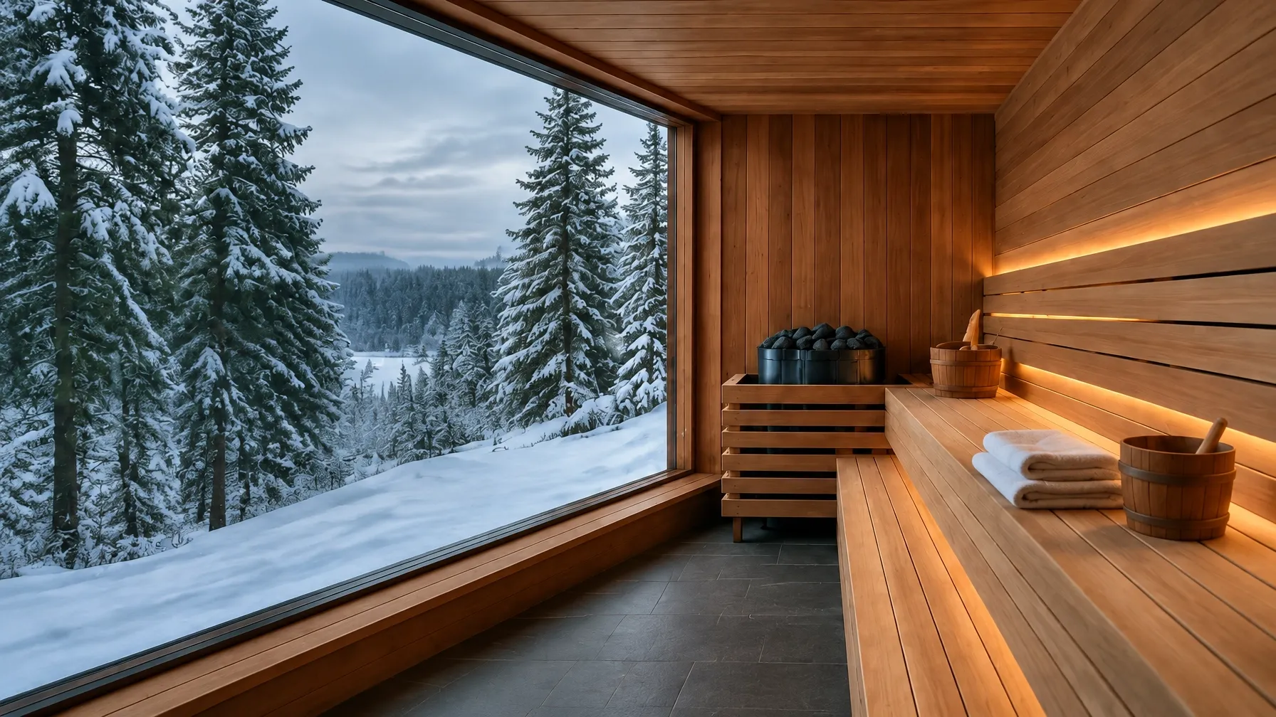 Warm cedar sauna interior overlooking a snowy pine forest